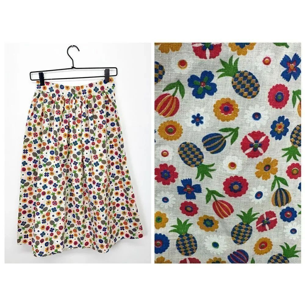 Vintage Small All Over Print Floral Pineapple Maximalist Lightweight A-line Skir